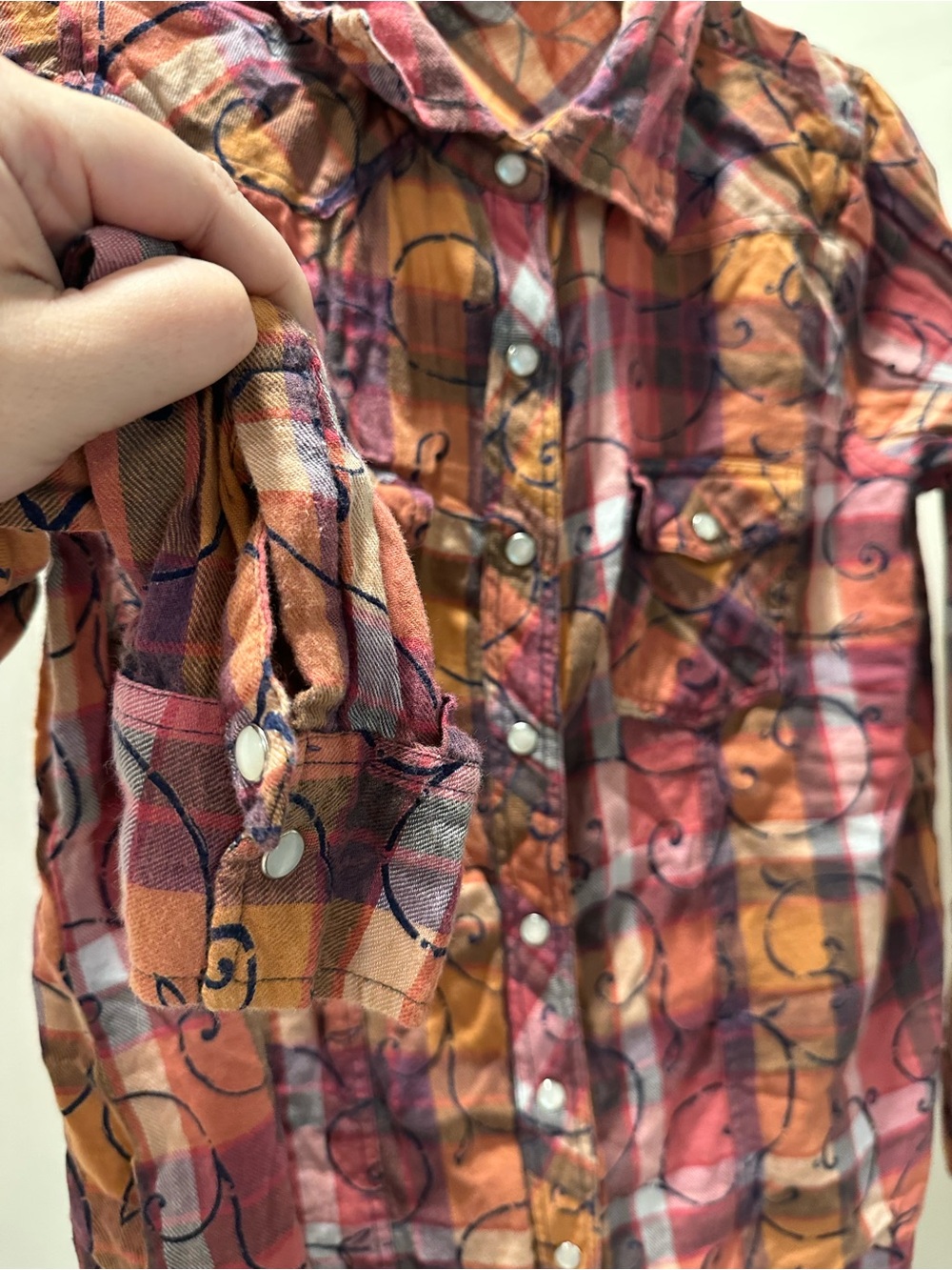 With Love Womens Size M Pink Orange Plaid Pearl Snap Western Shirt 100% Cotton - Picture 4 of 5